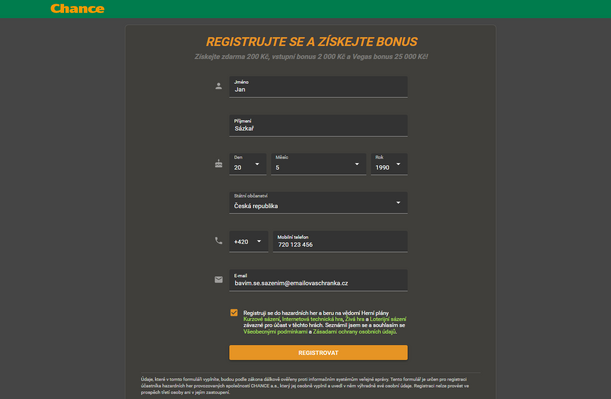 Chance CZ registrace online: formulář pro založení účtu u Chance