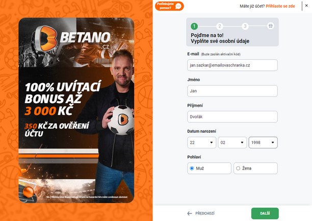 Betano online registrace - průvodce založením účtu