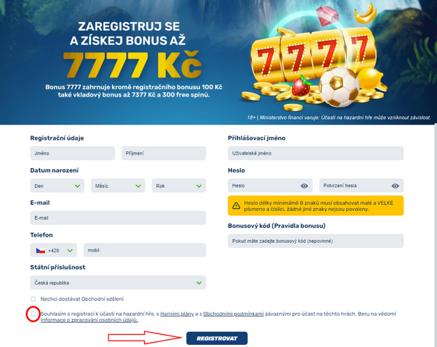 forBET - registrační formulář pro založení účtu