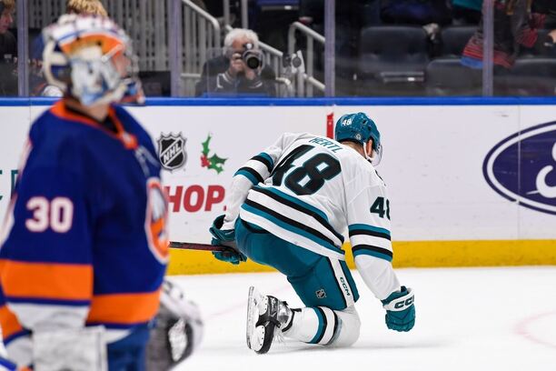 Tomáš Hertl se raduje ze třetího gólu do sítě Islanders, v NHL vstřelil už šestý hattrick