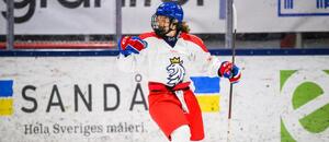 Česká hokejová reprezentantka Natálie Mlýnková oslavuje gól v utkání ženské EHT ve Švédsku