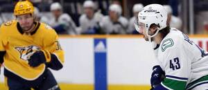 Vancouver Canucks a Nashville Predators na sebe narazí ve čtvrtfinále Západní konference play off NHL 2024. V akci Quinn Hughes z Vancouveru