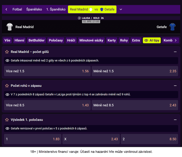 Ukázka AI tipů u&nbsp;sázkové kanceláře Kingsbet