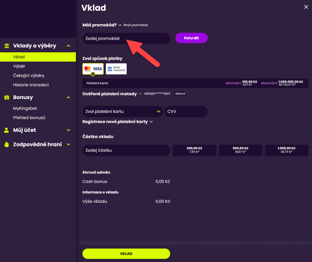 Kam zadat Kingsbet promo kód při vkladu