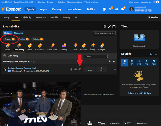TV Tipsport: hokejový live stream online na počítači