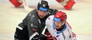 Jiří Černoch (Energie) a Miloš Roman (Oceláři) v zápase české extraligy 2024/25, Třinec a Karlovy Vary hrají i dnes