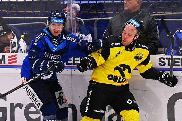 Zápas 37. kola Tipsport extraligy ledního hokeje 2024/25: Na snímku Jan Hladonik (vlevo) a Filip Sandberg
