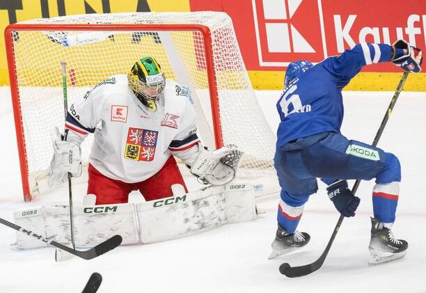 Zápas Česko - Slovensko na Euro Hockey Challenge, příprava na MS v hokeji - brankář Jakub Málek a útočník Lukáš Cingeľ
