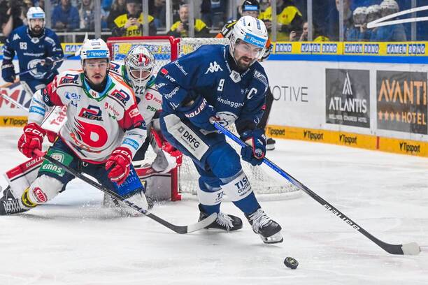 Hokej extraliga play off finále 2025, Pardubice vs. Kometa Brno, na kotouči brněnský kapitán Jakub Flek, p