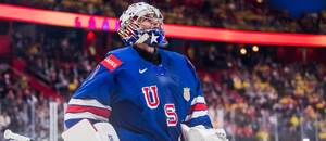 Jeremy Swayman, brankář hokejové reprezentace USA na mistrovství světa 2025.