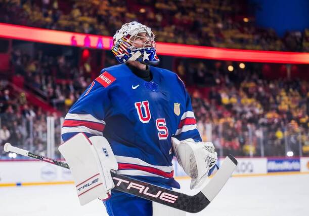 Jeremy Swayman, brankář hokejové reprezentace USA na mistrovství světa 2025.