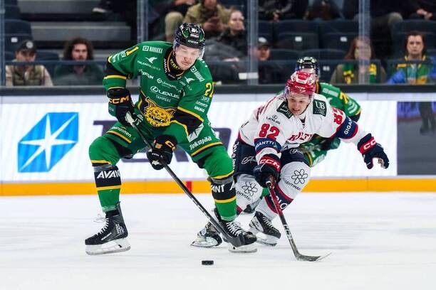 Fotka z utkání nejvyšší hokejové soutěže ve Finsku, Ilves vs. HIFK, na puku český bek Radek Kučeřík