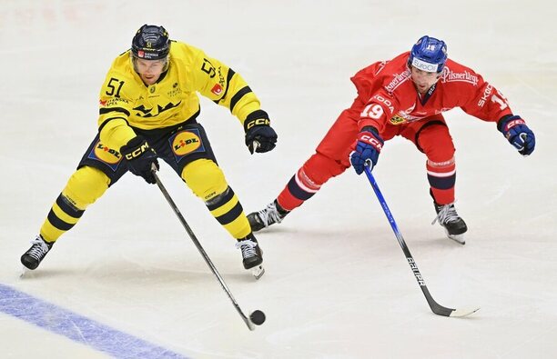 Fotka ze zápasu Česko vs. Švédsko na Karjala Cupu 2024, vlevo Filip Hallander, vpravo náš Jakub Flek