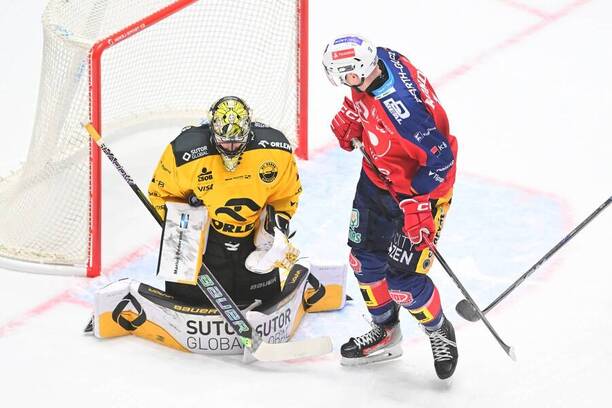 Střetnutí 10. kola TELH 2025/26: Na snímku litvínovský gólman Matej Tomek a Jáchym Kondelík, forvard ve službách Pardubic