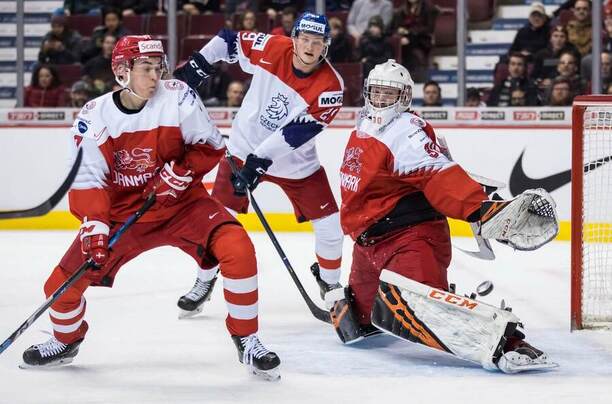 Česko proti Dánsku na MS U20 v roce 2018: Zleva Dán Jeppe Mogensen, Čech Jáchym Kondelík a dánský brankář Mads Sogaard