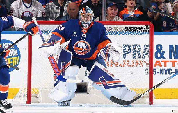 Český brankář David Rittich v zápase NHL proti Seattlu