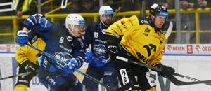 Brněnský obránce Marek Ďaloga (vlevo) bojuje o puk s Kevinem Czuczmanem, bekem Litvínova