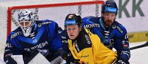 16. kolo TELH 2025/26: Na fotce zleva vítkovický gólman Dominik Hrachovina, útočník Litvínova Michal Gut a Marek Hrivík, kapitán ostravského mančaftu