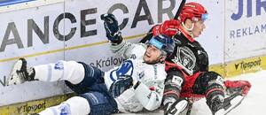 Hokejisté Adrián Holešinský (Plzeň) a Jakub Pour (Mountfield HK) v zářijovém zápase extraligy Mountfield HK vs. Škoda Plzeň
