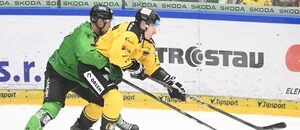 Tomáš Havlín (vlevo) a Markus Hännikäinen v posledním vzájemném utkání Boleslavi s Litvínovem