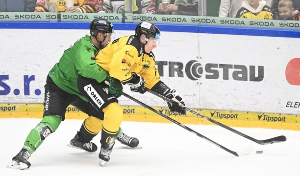 Tomáš Havlín (vlevo) a&nbsp;Markus Hännikäinen v&nbsp;posledním vzájemném utkání Boleslavi s&nbsp;Litvínovem