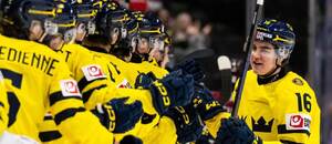 Švédský juniorský reprezentant Anton Frondell se raduje z gólu ve čtvrtfinále MS U20 2026, dnes Švédsko v semifinále vyzve Finsko