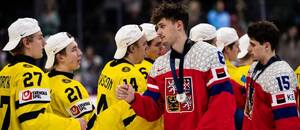 Radim Mrtka (uprostřed) s Vojtěchem Čihařem gratulují Švédům k výhře