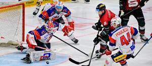 Roman Will vyráží střelu Jana Eberleho, fotka ze zápasu Sparta vs. Pardubice