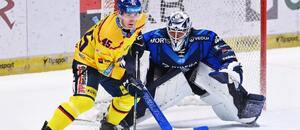 Českobudějovický Jan Ordoš před vítkovickým brankářem Dominikem Hrachovinou