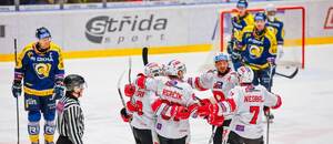 Hokejisté Pardubic B se radují po vstřelení branky v zápase proti Zlínu