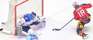 Brankář Aleš Stezka a Hunter Fejes v úvodním čtvrtfinále play off ELH 2026. Dnes se Pardubice a Kometa střetnou podruhé