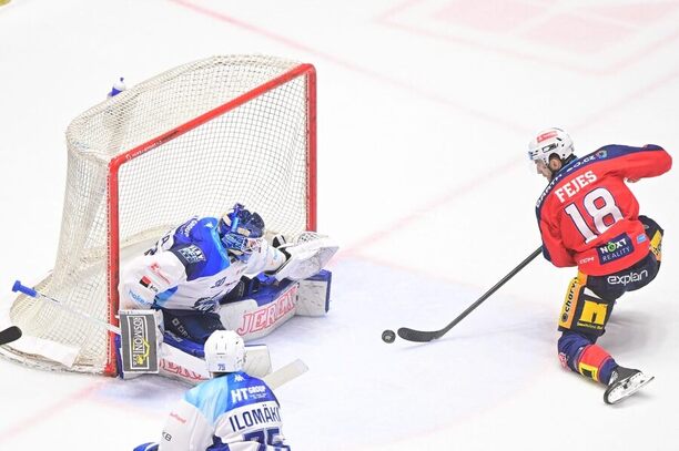 Brankář Aleš Stezka a&nbsp;Hunter Fejes v&nbsp;úvodním čtvrtfinále play off ELH 2026. Dnes se Pardubice a&nbsp;Kometa střetnou podruhé