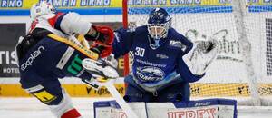 Aleš Stezka zasahuje proti střele Lukáše Sedláka