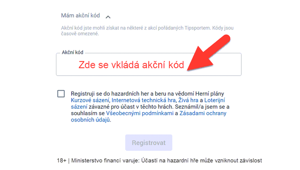 Kam se zadává Tipsport akční kód při registraci