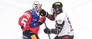 Střetnutí 52. kola ELH 2025/26: Na snímku zleva pardubický útočník Tomáš Vondráček a David Němeček, obránce Sparty