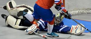 Snímek ze zápasu MS v hokejbalu; v brankářské výstroji Patrik Polc ze Slovenska, útočí Radim Štěpáník z Česka