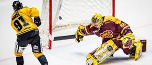 Litvínovský forvard Matúš Sukeľ dává gól jihlavskému gólmanovi Adamu Beranovi