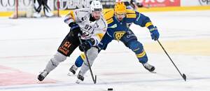 HC Davos a HC Fribourg-Gottéron dnes hrají 5. finále švýcarské NL. Na fotce Nathan Marchon a Matěj Stránský ve 3. utkání série