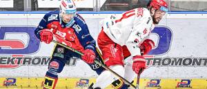 Pardubický Roman Červenka z Pardubic a třinecký Tomáš Kundrátek ve finále extraligy