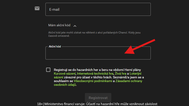 Kolonka, kam vyplnit akční kód Chance při registraci online