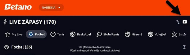 Ikonka pro vyfiltrování zápasů se živým přenosem