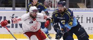 Hokejisté Martin Šťovíček (Slavia Praha) a Richard Jarůšek (Berani Zlín) ve čtvrtfinále play-off Maxa ligy