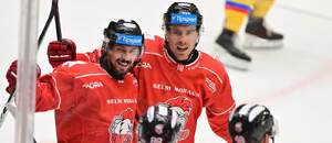 Hokejisté Olomouce Jakub Orsava a Carl Berglund se radují z gólu v extraligovém zápase proti Motoru