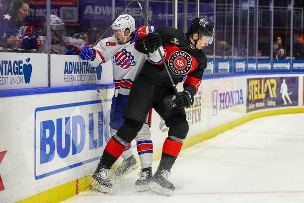 Český obránce Mikuláš Hovorka (v tmavém) v&nbsp;zápase AHL mezi Charlotte Checkers a&nbsp;Rochester Americans