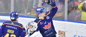 Filip Přikryl se v dresu Budějovic raduje z branky do sítě Kladna. Dnes bude stát na druhé straně