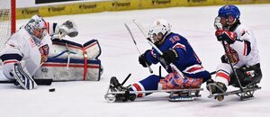 Brankář Martin Kudela, Američan Brett Bolton a Čech Pavel Kubeš v zápase Česka a USA na parahokejovém IPH Cupu v Ostravě 